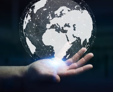 Onun finge ile dijital dokunsal dünya arabirimini kullanarak iş adamı