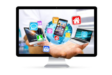 İş adamı elinde renkli teknoloji cihazlar ve simgeler uygulamaları