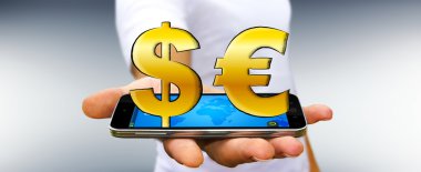 Elle çizilmiş dolar ve euro simgeleri tutan işadamı