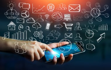 Elle çizilmiş web simgeler holding iş kadını