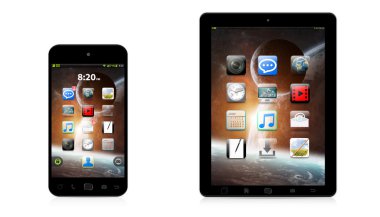 Modern dijital telefon ve beyaz arka planda 3d render tablet