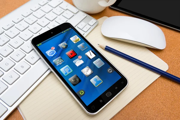 Modern mobile phone on a desk 3D rendering — Stock Photo, Image