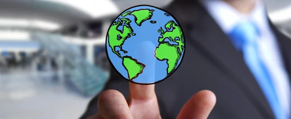 Empresário tocando mão desenhada planeta terra — Fotografia de Stock