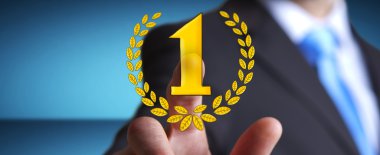 El dokunmadan işadamı kazanan kupa simgeleri çizilmiş