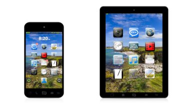 Modern dijital telefon ve beyaz arka planda 3d render tablet