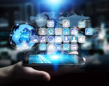 Simgeler işadamı telefon üzerinden birbirine bağlı
