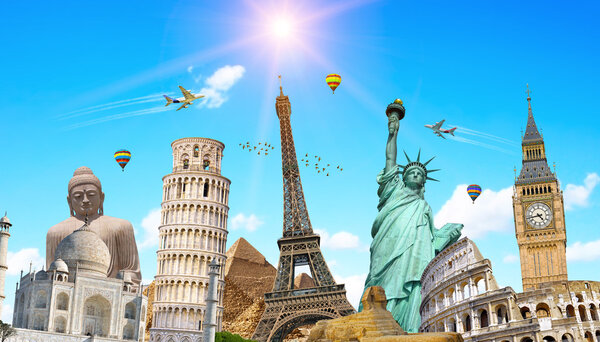 Famous landmarks of the world grouped together in front of blue sky