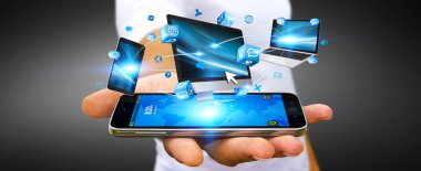 İşadamı teknik cihaz cep telefonuyla bağlantı