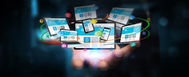Teknik cihazlar ve simgeler işadamı el şekline bağlı