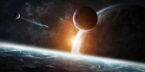 Nasa から提供されたこのイメージの空間要素の惑星のグループから昇る朝日 — ストック写真