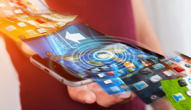 İşadamı modern cihaz 3d rende üzerinde telefon arka plan değiştirme