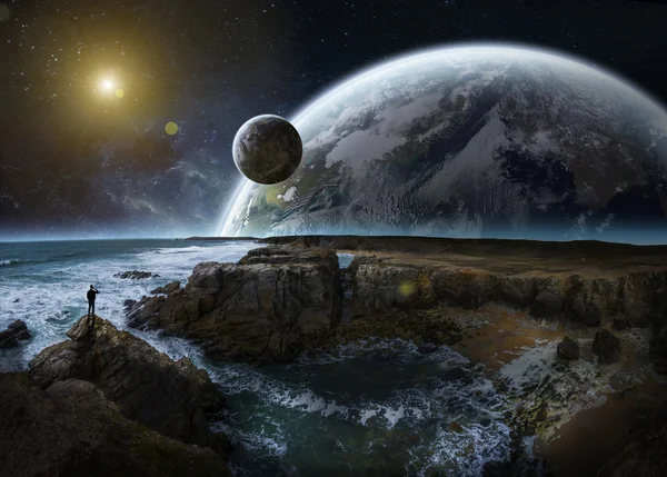 Vue du système planétaire lointain depuis les falaises éléments de rendu 3D de cette image fournie par la NASA — Photo