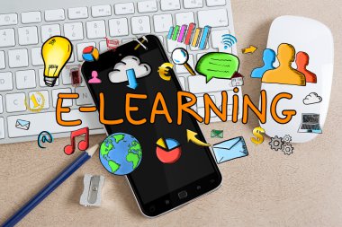 E-öğrenme metin ve simgeleri office arka plan üzerinde