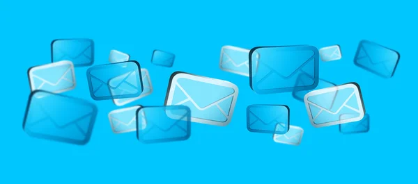 Numerose icone email bianche e blu che volano — Foto Stock