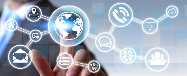 Businessman using digital tactile screen interface with web icon