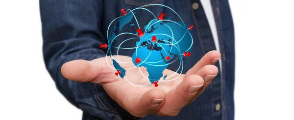 Empresario sosteniendo mapa digital del mundo en sus manos — Foto de Stock