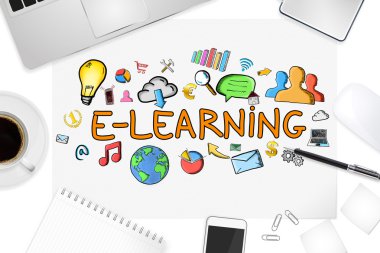 E-öğrenme metin ve simgeleri office arka plan üzerinde