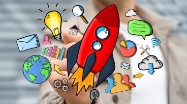 Kırmızı roket ve Multimedya simgeler bir kalemle çizim işadamı