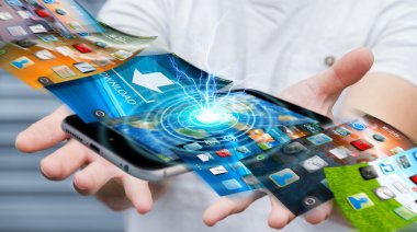 İşadamı modern cihaz 3d rende üzerinde telefon arka plan değiştirme