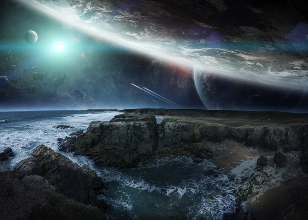 遥远的行星系统从悬崖 3d 渲染元素的视图 — 图库照片