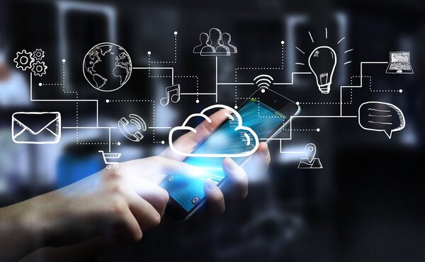 Businessman holding multimedia network 3D rendering