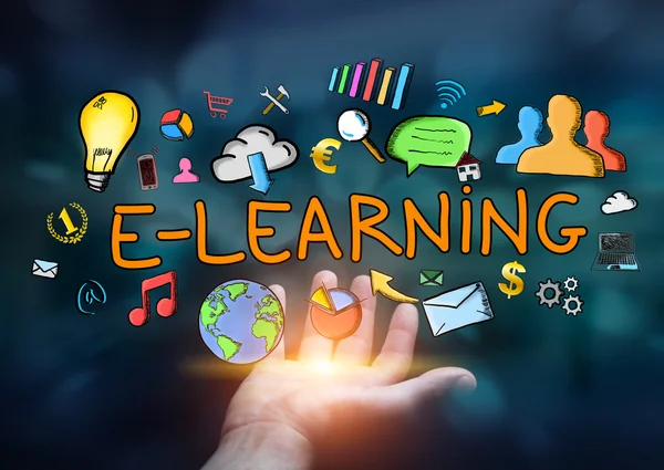 Άνθρωπος που κρατά το χέρι παρουσίαση e-learning — Φωτογραφία Αρχείου