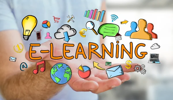 Άνθρωπος που κρατά το χέρι παρουσίαση e-learning — Φωτογραφία Αρχείου