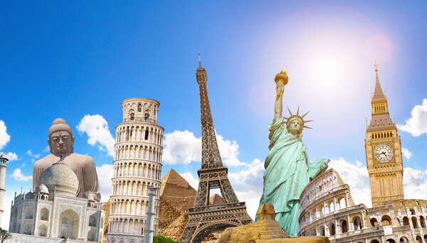 Famous landmarks of the world grouped together in front of blue sky