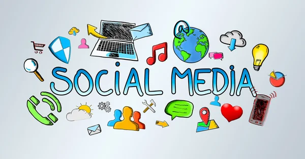 Hand drawn social media illustration with icons — Stock Photo, Image