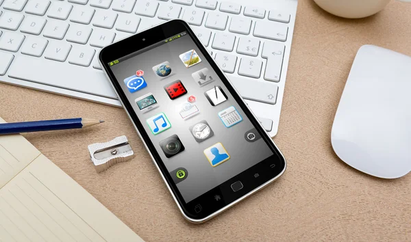 Moderna mobiltelefon på ett skrivbord 3d-rendering — Stockfoto