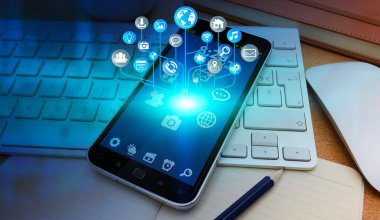 Modern cep telefonu üzerinde uçan simgeleri ile