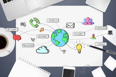Office arka plan üzerinde çoklu ortam simgeleri çizilmiş