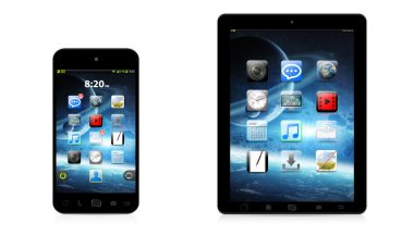 Modern dijital telefon ve beyaz arka planda 3d render tablet