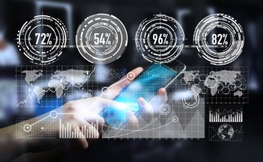 Dijital grafik arabirimi 3d işlemesini kullanan iş adamı