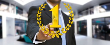 El dokunmadan işadamı kazanan kupa simgeleri çizilmiş