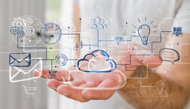 Elle çizilmiş Multimedya simgeler tutan işadamı