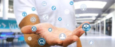 Çoklu ortam ağ 3d render tutan işadamı