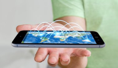 Cep telefonu ile internet bağlantısı 3d ren tutan işadamı