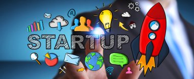 Elle çizilmiş başlangıç metin ve kırmızı roket dokunmadan işadamı