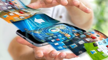 İşadamı modern cihaz 3d rende üzerinde telefon arka plan değiştirme