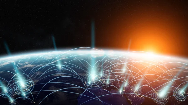 Globális hálózat és az adatok cseréjét 3d rendering elemei ennek a képnek a Nasa berendezett — Stock Fotó