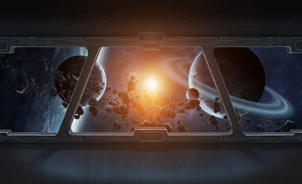 View of outer space from the window of a space station  elements of this image furnished by NASA — Stock Photo, Image