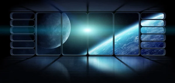 View of the planet earth from a huge spaceship window 3D renderi — Stock Photo, Image