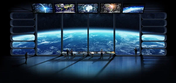 Ομάδα επιστημόνων, παρατηρώντας τον πλανήτη γη 3d rendering elem — Φωτογραφία Αρχείου
