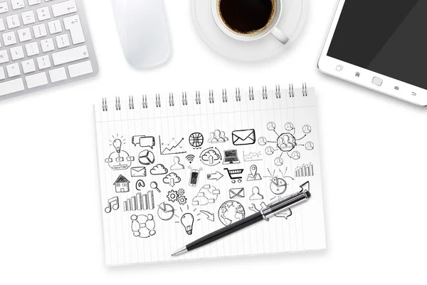 Hand drawn icons on office background — Stock Photo, Image