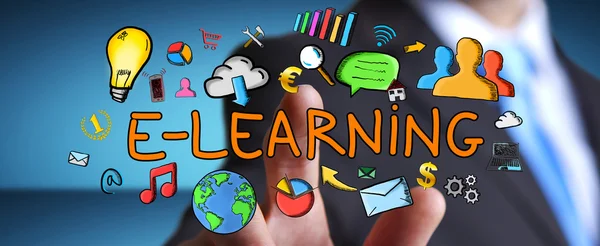 Imprenditore toccare disegnato a mano e-learning presentazione — Foto Stock