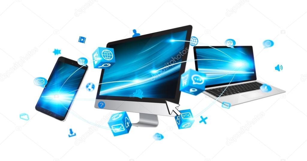 Tech devices and icons applications connected to each other