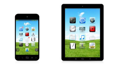 Modern dijital telefon ve beyaz arka planda 3d render tablet