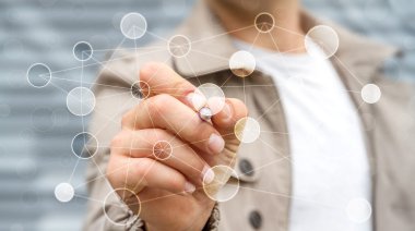 İşadamı kalem 3d rendering ile dijital veri ağı kullanarak