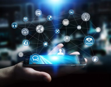 Çoklu ortam ağ 3d render tutan işadamı